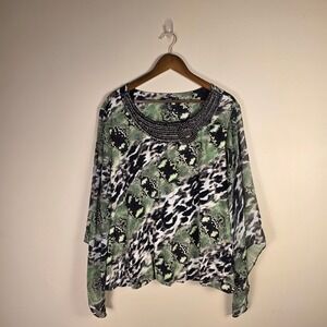 Alfani Top Womens 3X Green Snakeskin Print Beaded Neckline Poncho Sleeve Blouse